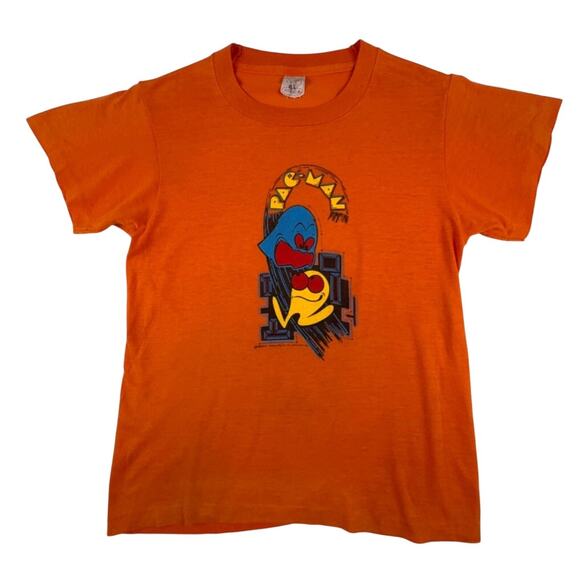 Fruit of the Loom Tops - Vintage 1982 Pac-Man T-Shirt Youth Large 14-16 Orange Uniprints Single Stitch